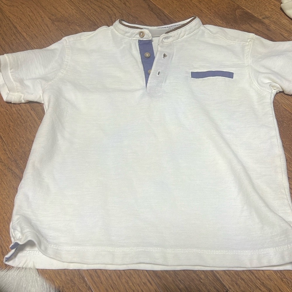 Zara Kids Boys Cream Slub Henley Shirt Blue Trim Size 4-5Y